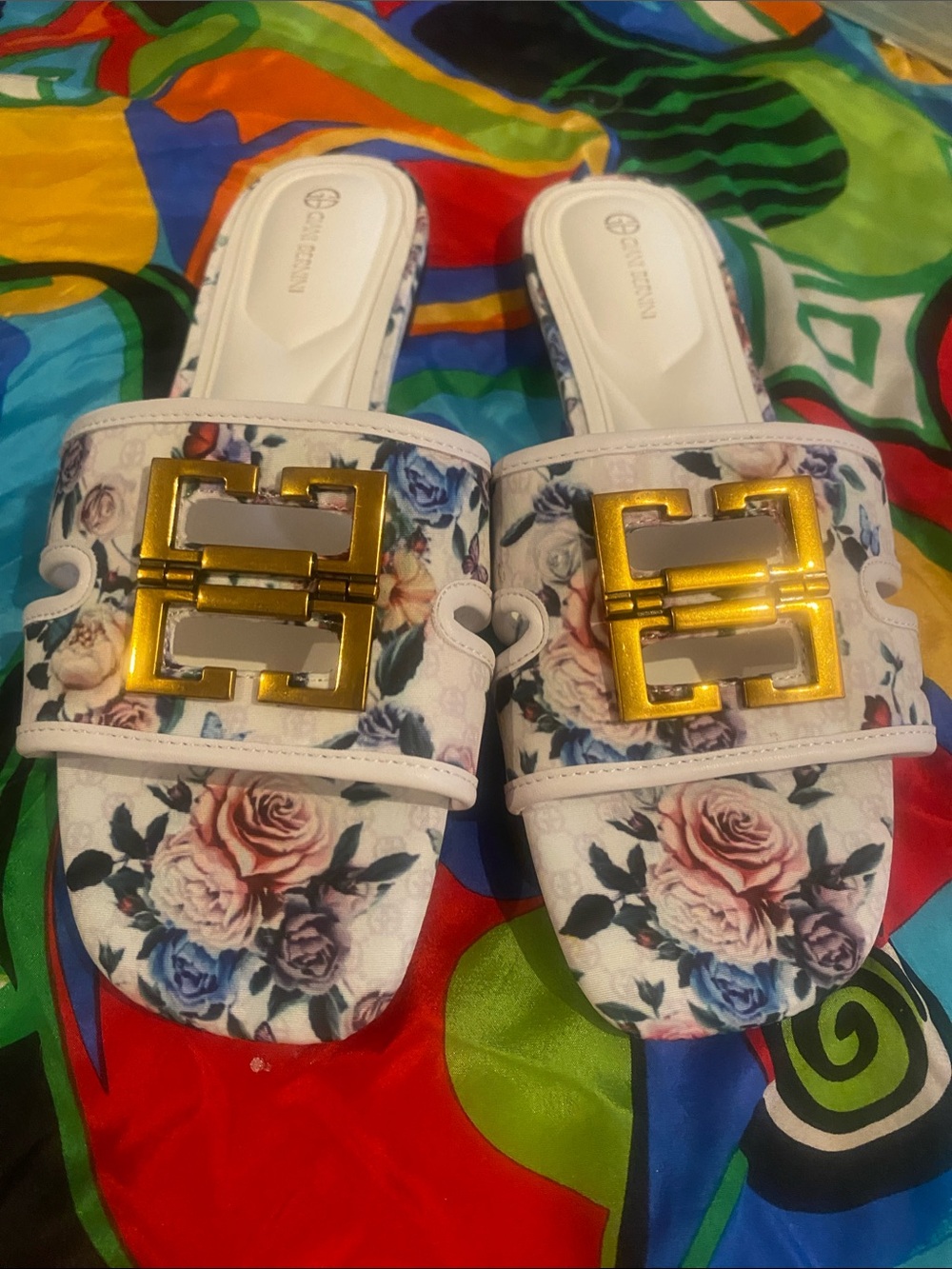 Gianni Bini White Floral Slide Sandals with Gold Accent